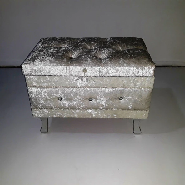 Çeyiz 12352 SANDIK Kapitone Büyük 3lü Model KREM Kadife Kumaş İçi tela El Yapım - 4