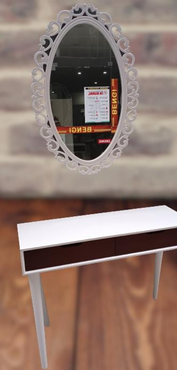 Dresuar 90015 Ahşap Kayın Retro Ayak Çift Çekm MOTİFLİ Ayna Beyaz Ceviz El Yapım