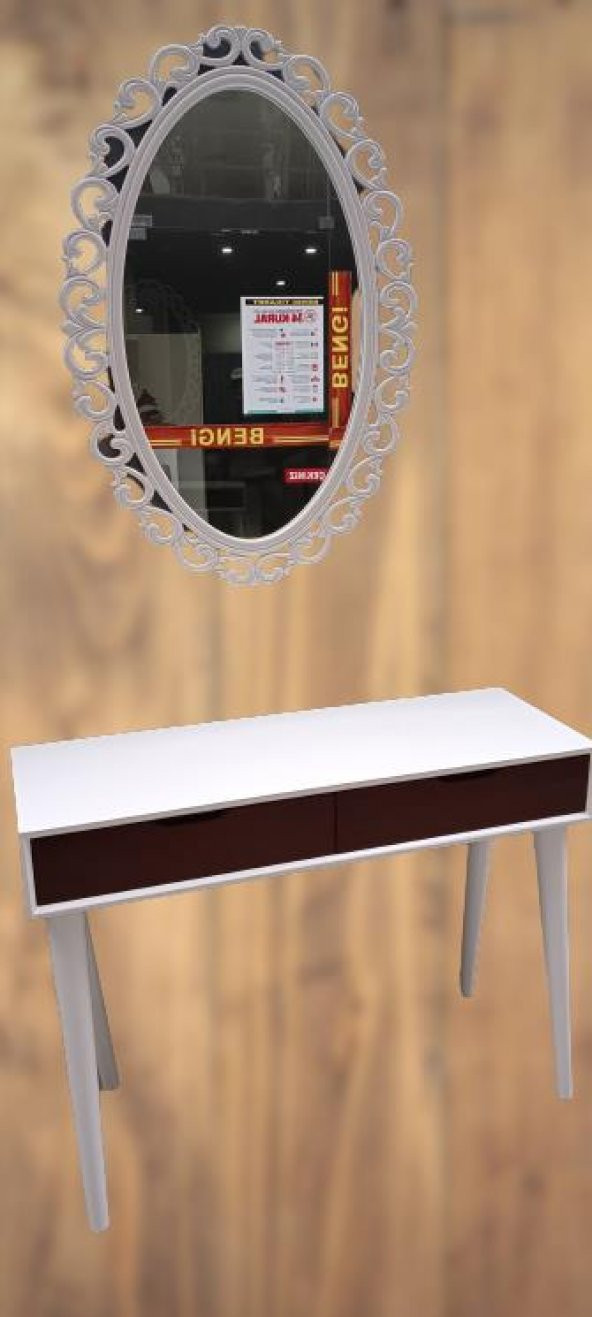 Dresuar 90015 Ahşap Kayın Retro Ayak Çift Çekm MOTİFLİ Ayna Beyaz Ceviz El Yapım - 2