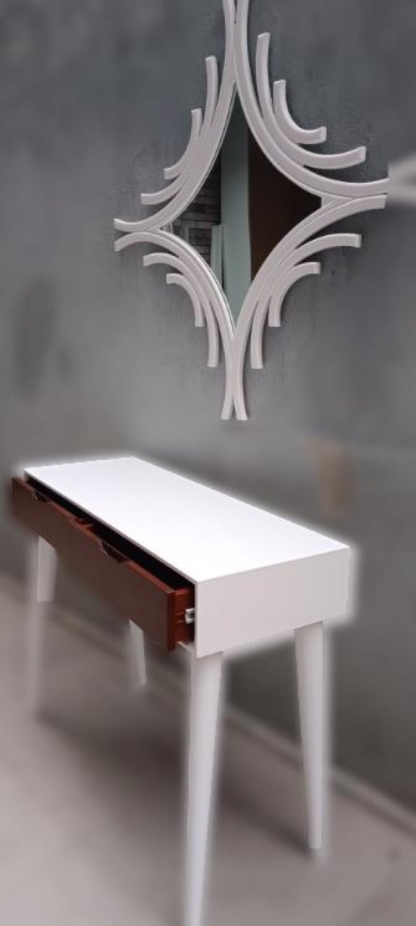 Dresuar 90016 MODEL Ahşap Kayın Retro Ayak Çift Çekm CNC Ayna Beyaz Cevz El Yapım
