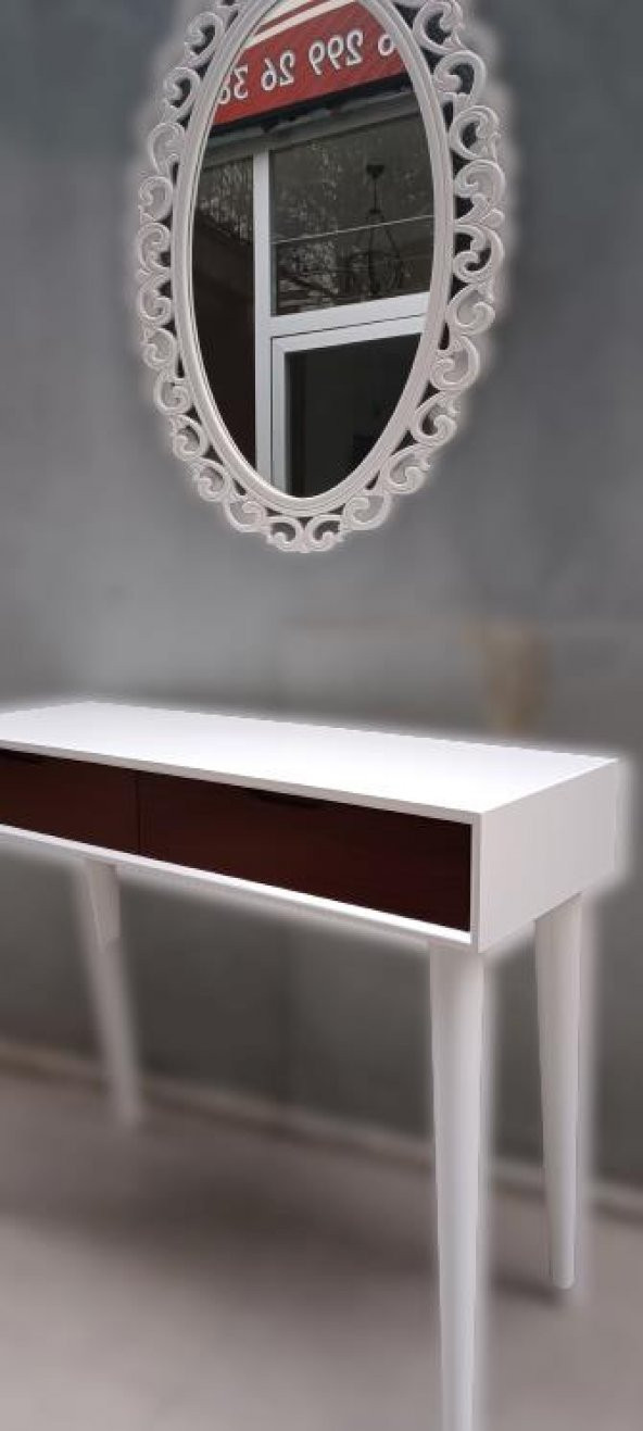 Dresuar 90015 Ahşap Kayın Retro Ayak Çift Çekm MOTİFLİ Ayna Beyaz Ceviz El Yapım - 6