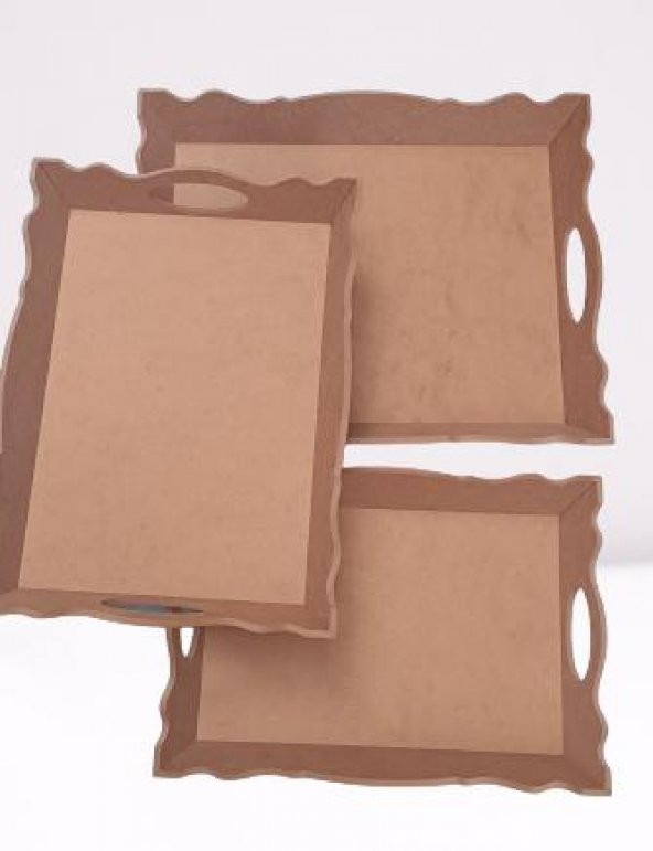 Hobi 90030 Dekoratif Model Üçlü Tepsi Seti Dalgalı Kenar Ahşap HAM MDF El Yapımı - 2