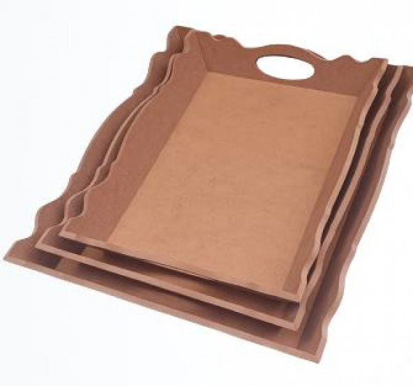 Hobi 90030 Dekoratif Model Üçlü Tepsi Seti Dalgalı Kenar Ahşap HAM MDF El Yapımı - 7