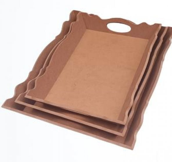 Hobi 90030 Dekoratif Model Üçlü Tepsi Seti Dalgalı Kenar Ahşap HAM MDF El Yapımı - 8