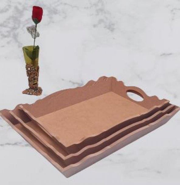 Hobi 90030 Dekoratif Model Üçlü Tepsi Seti Dalgalı Kenar Ahşap HAM MDF El Yapımı - 10