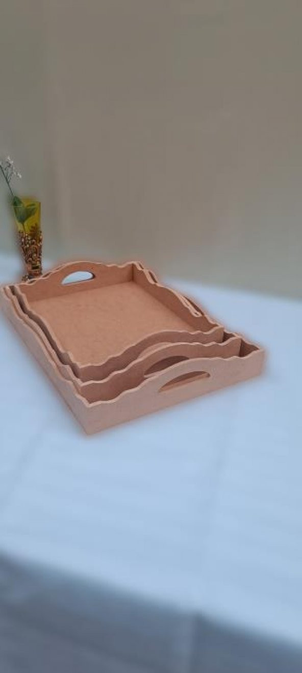 Hobi 90035 Dekoratif tepsi Seti Üçlü Model HAM Ahşap MDF El yapımı - 6