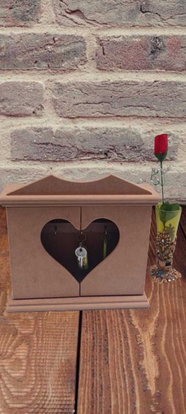 Hobi 90070 Dekoratif Anahtarlık Kutusu Model Ahşap MDF HAM  Kalpli El Yapımı - 6