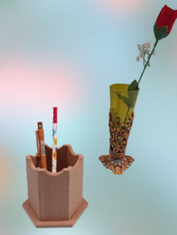 Hobi 90063 Dekoratif kalemlik ahşap Altıgen HAM MDF  El Yapım - 8