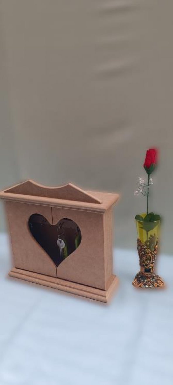 Hobi 90070 Dekoratif Anahtarlık Kutusu Model Ahşap MDF HAM  Kalpli El Yapımı - 7