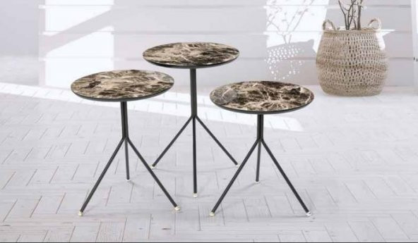 Zigon OSM117580 YUVARLAK MODEL Parlak Ahşap mermer MDF tabla Metal V ayak El Yapı