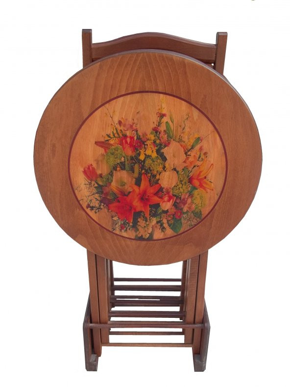 Zigon Çanta17992 Sehpa model Çiçek MOTİF Yuvarlak Parlak ceviz Kayın Ayak El Yapı - Resim 3