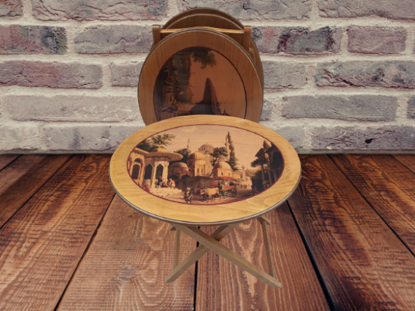 Çanta 18207 Oval Resimli Klasik MODEL Kayın Torna Ayak Parlk ceviz Nature El yapı - 7