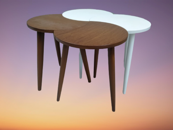 Zigon-Orta 19617 Sehpa Takım HİLAL Model Parlak Ceviz Beyaz Renk Kayın RETRO Ayak - Resim 4