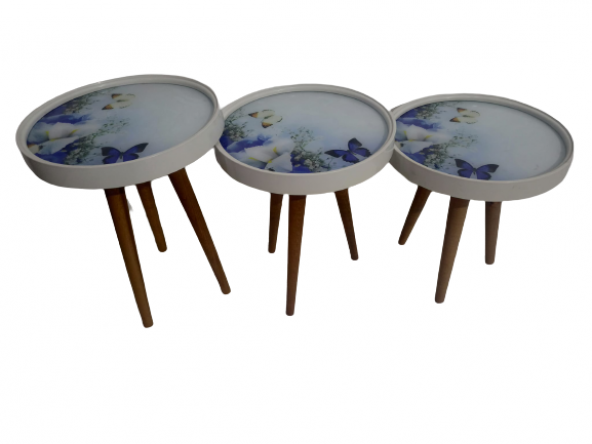 Zigon 19627 Sehpa Çember MAVİ KELEBEK Model Kayın Retro 3 Ayak Üstü Cam El Yapım