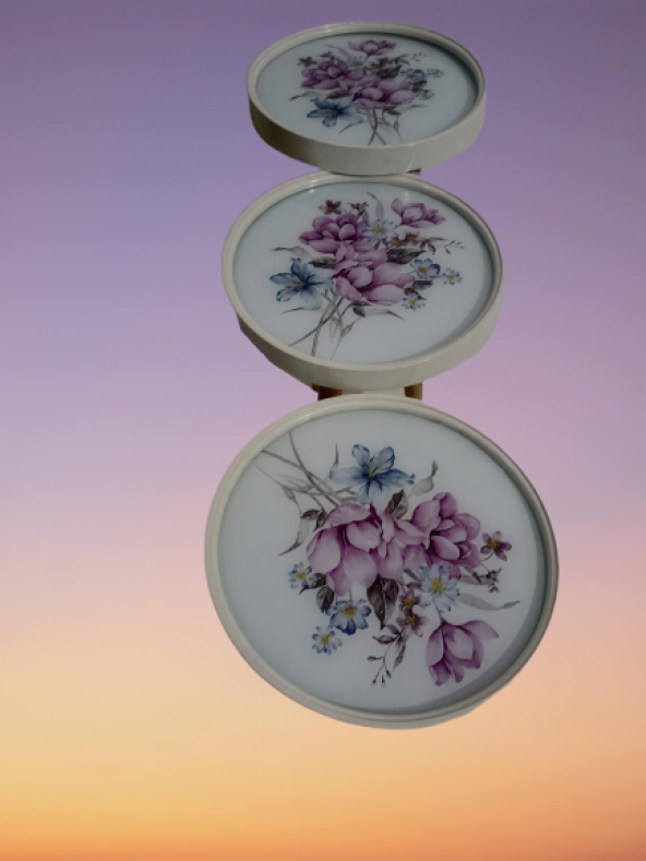 Zigon19630 Sehpa Çember YABAN GÜLÜ Model Kayın Retro Ceviz 3Ayk Üstü Cam El Yapım - 2