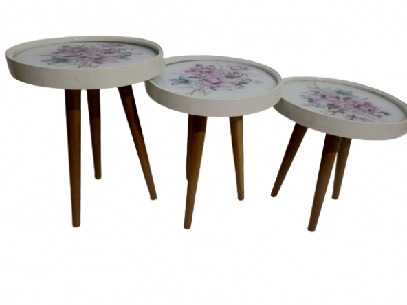 Zigon19630 Sehpa Çember YABAN GÜLÜ Model Kayın Retro Ceviz 3Ayk Üstü Cam El Yapım - 3