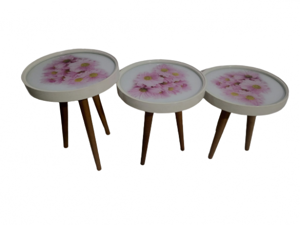Zigon19628 Sehpa Çember PEMBE KARANFİL Model Kayın Retro Ceviz 3 Ayak Üstü Cam - 8