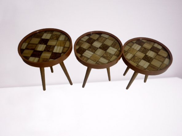 Zigon 19625Sehpa Çember DAMALI Model Kayın Retro Ceviz 3 Ayak Üstü Cam El Yapım - 6