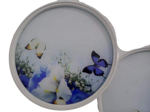 Zigon 19627 Sehpa Çember MAVİ KELEBEK Model Kayın Retro 3 Ayak Üstü Cam El Yapım - 3