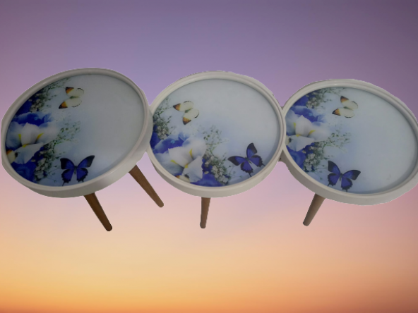 Zigon 19627 Sehpa Çember MAVİ KELEBEK Model Kayın Retro 3 Ayak Üstü Cam El Yapım - 5