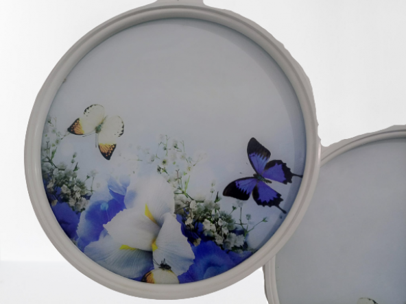 Zigon 19627 Sehpa Çember MAVİ KELEBEK Model Kayın Retro 3 Ayak Üstü Cam El Yapım - 6