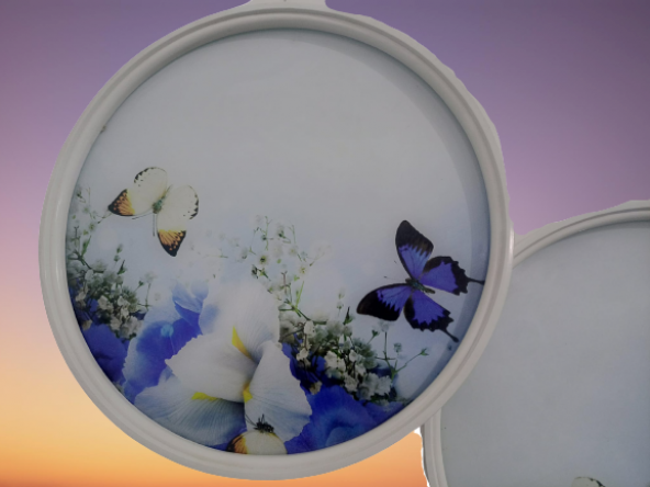 Zigon 19627 Sehpa Çember MAVİ KELEBEK Model Kayın Retro 3 Ayak Üstü Cam El Yapım - 7