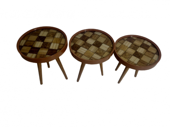 Zigon 19625Sehpa Çember DAMALI Model Kayın Retro Ceviz 3 Ayak Üstü Cam El Yapım