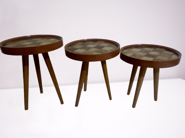 Zigon 19625Sehpa Çember DAMALI Model Kayın Retro Ceviz 3 Ayak Üstü Cam El Yapım - 2