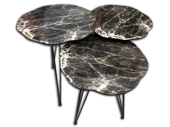 Zigon13705 PAPATYA Metal Siyah V Ayak Ahşap Siyah MDF Mermer Desen Tabla El Yapım