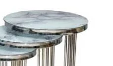 Brc EKO C 13382 Zigon Sehpa 3lü Beyaz Mermer Desen Metal Parlak Krom Ayak El Yapı - 2