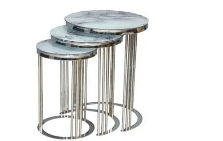 Brc EKO C 13382 Zigon Sehpa 3lü Beyaz Mermer Desen Metal Parlak Krom Ayak El Yapı - 3