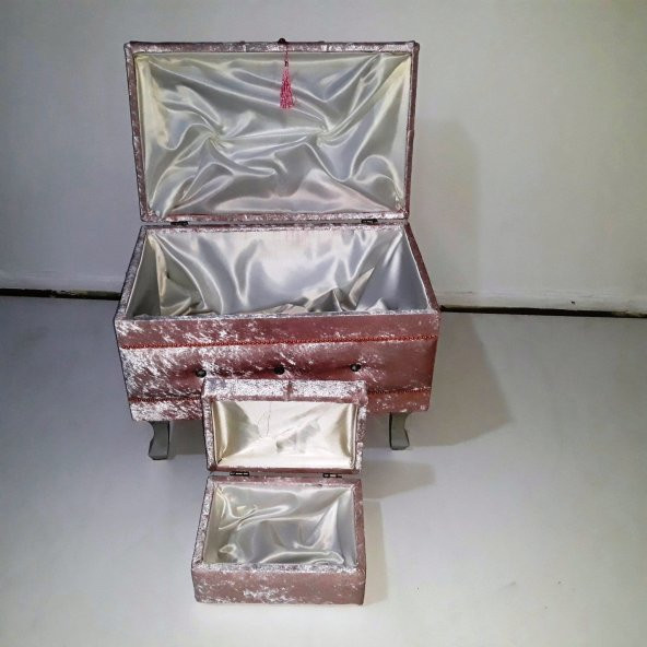 Çeyiz12351 SANDIK Kapitone KÜÇÜK Model 2li PEMBE Kadife Kumaş İçi tela El Yapım - 2