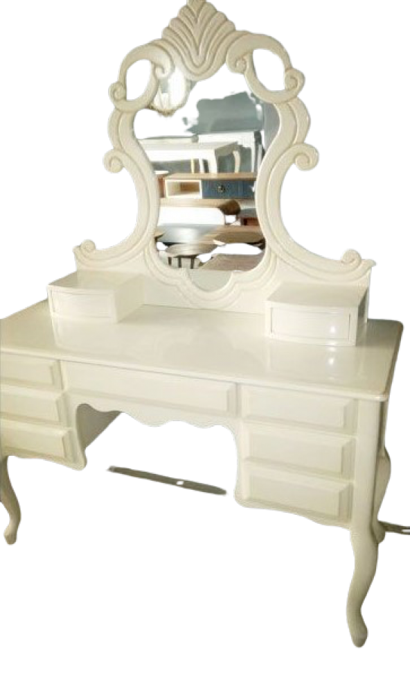 Dresuar 13573 Makyaj Masa Kayın Aslan Ayak Aslan Baş Oyma Nakış Ayna Parlak krem