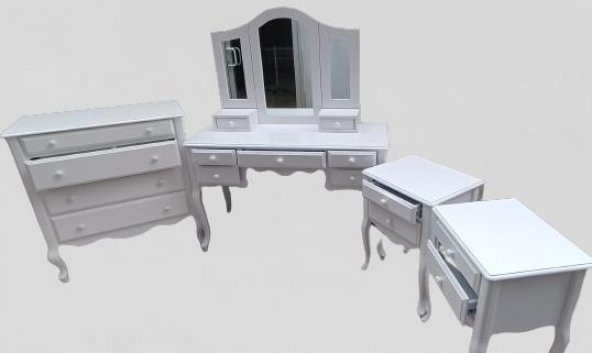 Makyaj Masa 12550 7Çekme SET Kanat ayna Puf Modl Kayın Aslan Ayk Komod Beyaz Lake - 3