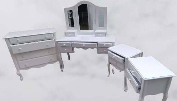 Makyaj Masa 12550 7Çekme SET Kanat ayna Puf Modl Kayın Aslan Ayk Komod Beyaz Lake - 4