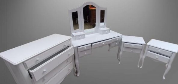 Makyaj Masa 12550 7Çekme SET Kanat ayna Puf Modl Kayın Aslan Ayk Komod Beyaz Lake - 5