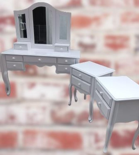 Makyaj Masa 12550 7Çekme SET Kanat ayna Puf Modl Kayın Aslan Ayk Komod Beyaz Lake - 8