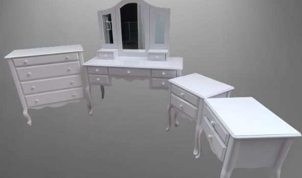 Makyaj Masa 12550 7Çekme SET Kanat ayna Puf Modl Kayın Aslan Ayk Komod Beyaz Lake - 10