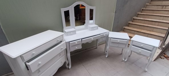 Makyaj Masa 12550 7Çekme SET Kanat ayna Puf Modl Kayın Aslan Ayk Komod Beyaz Lake - 12