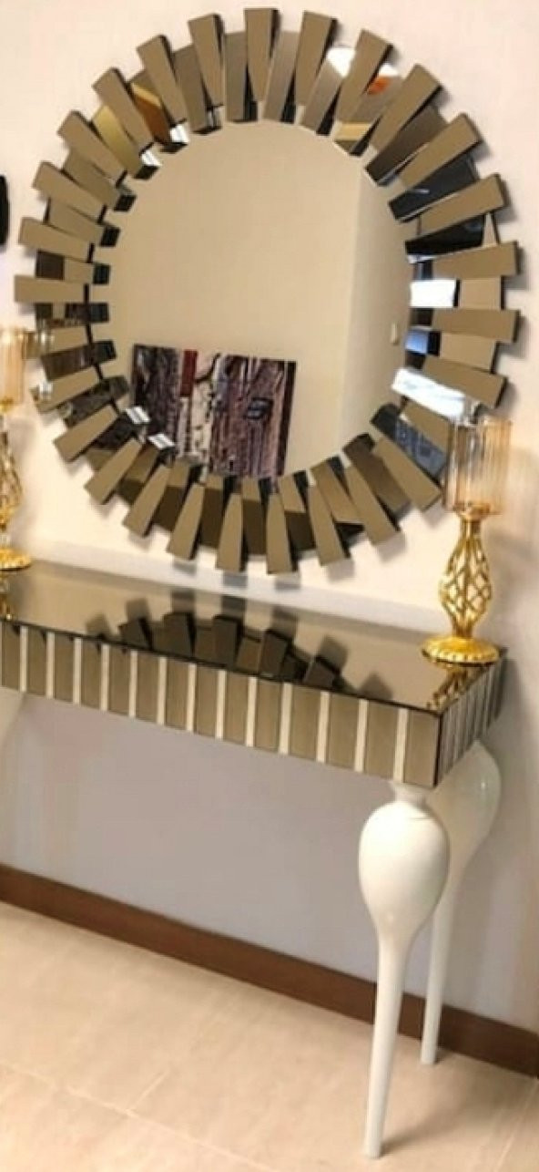 Dresuar 12389 GÜNEŞ Model Kayın TOMBUL Parlak Beyaz ayak Yuvarlak ayna El yapım