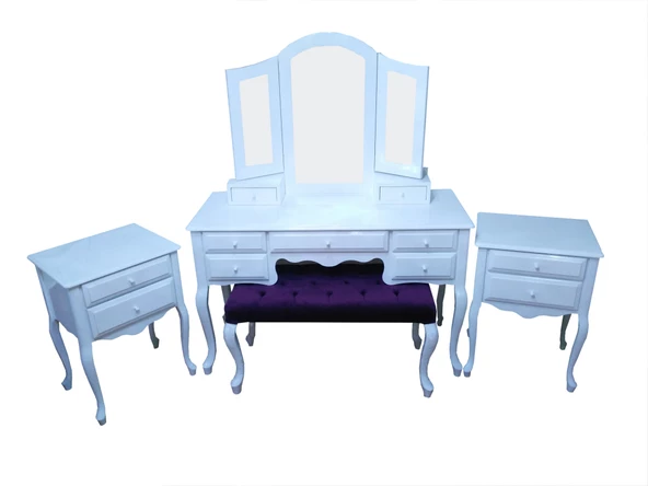 Makyaj Masa 17953 Dresuar Klasik Kayın Aslan ayak Kanat ayn 2komod Benc beyaz