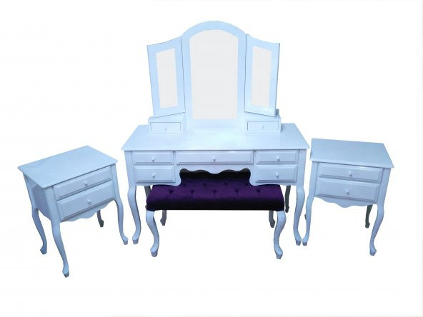 Makyaj Masa 17955 7çekm Model Kayın Aslan ayk Kanat ayna 2komod Benc Parlak beyaz