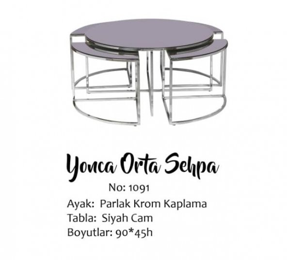 Brc YONCA 17548 Zigon-Orta Sehpa Düz Siyah Temper Cam Metal gümüş renk Kaplama El Yapım