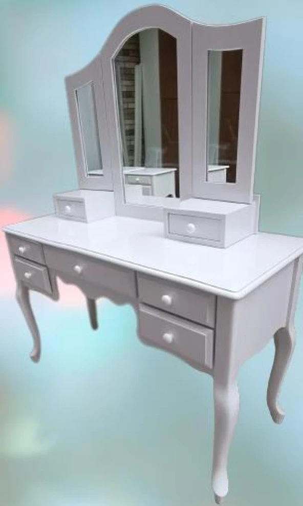 Makyaj Masa 17950 Dresuar 7çekm Klasik Kayın Aslan ayak beyaz lake Kanat ayna - 4