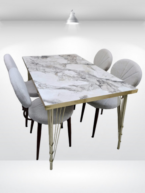 Masa-Sandalye 19640 Metal Midye Gold Kaplam Ayak Beyaz Mermer Desen Tabla El Yapı - 4