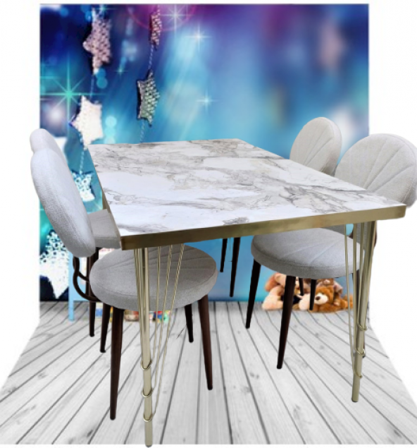 Masa-Sandalye 19640 Metal Midye Gold Kaplam Ayak Beyaz Mermer Desen Tabla El Yapı - 5