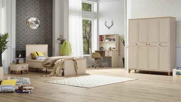 Takım Urlu 12041 EGE İnovasyon Model KREM Renk karyola ,Komodin,Gardrop,Çalışma Masa - 2