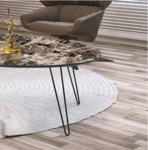 Orta sehpa 117800 OVAL Model Metal V Ayak Parlak Ceviz Tabla Kutuda sevk El yapım