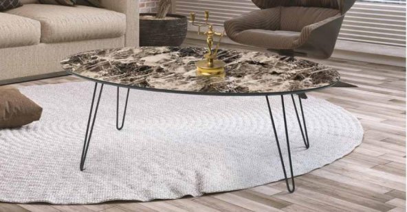 Orta sehpa 117800 OVAL Model Metal V Ayak Parlak Ceviz Tabla Kutuda sevk El yapım - 5