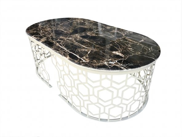 Orta Sehpa 13760 GEOMETRİK Model Metal Siyah Osmanlı Motif beyaz MDF tabla